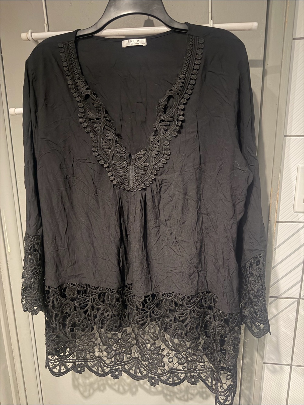 Soteer Black Crochet-Trim V-Neck Dressy Top